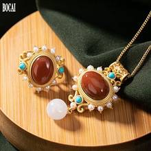 BOCAI 2020 new real S925 pure silver jewelry natural agate jade women necklace set Quality classic woman  necklace 2024 - buy cheap