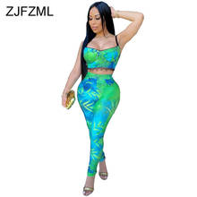 Leaves Print 2 Piece Tracksuit Summer Outfit Spaghetti Strap Wrap Chest Crop Top and Bodycon Pant Sexy Beach Bohemian Sweatsuit 2024 - buy cheap