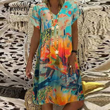 Платье-трапеция женское, с цветочным принтом, с V-образным вырезом и коротким рукавом 2024 - купить недорого