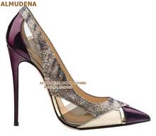 ALMUDENA Purple Patent Leather Pointed Toe Pumps 12 10 8cm Stiletto Heels Clear PVC Dress Shoes Glitter Sankeskin Patchwork Shoe 2024 - buy cheap