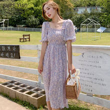 Korean Prairie Chic Vintage Maxi 2022 Summer Chiffon Floral Puff Sleeve Square Collar Women Dress Robe Longue Femme Ete 14672 2024 - buy cheap
