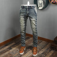 Модные уличные мужские джинсы, высокое качество, Ретро стиль, облегающие эластичные дизайнерские джинсы, мужские джинсы, эластичные джинсы в стиле хип-хоп 2024 - купить недорого