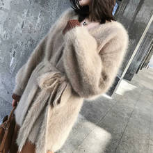 Women Pure Soft Long Natural Mink Cashmere Sweater Belt Mink Cashmere Cardigans Lantern Sleeve Coat wsr706 2024 - buy cheap