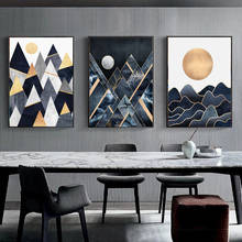 Arte abstrata nórdica para parede, paisagem de montanha, pintura em tela, sol dourado, poster artístico, impresso para sala de estar 2024 - compre barato