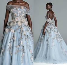 Sky Blue Evening Dresses Off The Shoulder Lace 3D Floral Appliques A Line Prom Dress Party Wear Sweep Train Formal Gowns 2024 - buy cheap