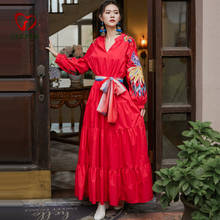 Runway Indie Folk Peacock Embroidery Red Christmas Dress Women's V-Neck Lantern Sleeve High Waist Bow Scarf Cotton Long Dresses 2024 - buy cheap