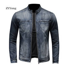 European Style Stand Collar Bomber Pilot Blue Denim Jacket Men Jeans Coats Slim Motorcycle Casual Outwear Clothing Overcoat 2024 - buy cheap