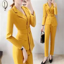 High end Professional women's yellow suit suit new autumn Korean fashion temperament waist suit nine pants two sets 2024 - buy cheap