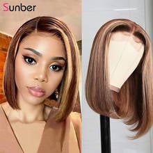 Sunber Highligh Bob Human Hair Wigs T Middle Lace Part 150% Density 4*0.75 Pre Plucked Remy Brazilian Straight Bob Hair Wig 2024 - buy cheap