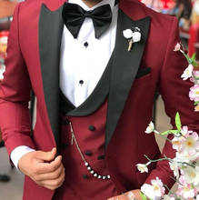 Ternos masculinos vermelho escuro e preto, smoking, lapela de cetim, padrinho de casamento (jaqueta + calças + gravata borboleta + colete) c683 2024 - compre barato