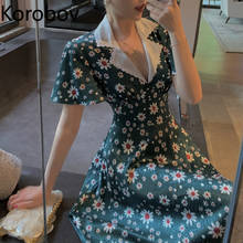 Korobov Vintage Flower Print Women Summer Dress 2020 New Chic V Neck Hit Color Patchwork Dresses Korean Chic A-Line Vestidos 2024 - buy cheap