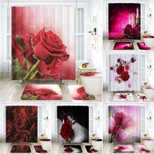 Conjunto de cortinas para banheiro com rosas vermelhas, 3d, tecido de poliéster, decoração de casa, tapete, cobertura de vaso sanitário, conjuntos de tapetes, banho 2024 - compre barato