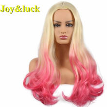 Joy & luck, 26 дюймов, длинный волнистый парик, блонд, Омбре, розовый, синтетические парики для женщин, полный парик с челкой, парики для волос, естественная волна 2024 - купить недорого