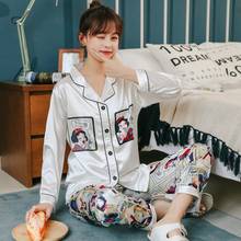 Conjunto de pijama feminino de manga longa, pijama estampado em cetim de seda com manga longa, roupa de dormir, verão, outono, 2020 2024 - compre barato