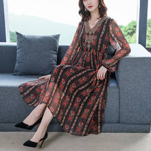 Autumn Vintage Boho Print Mulberry Silk Long Dress 2022 Korea 3XL Plus Size Beach Midi Women Dress Elegant Bodycon Party Vestido 2024 - buy cheap