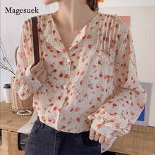 2020 Autumn Korean Style Long Sleeve Chiffon Women Blouse Print Niche Retro Tops Loose Shoulder Folds Shirts Blusas Mujer 10964 2024 - buy cheap