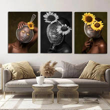Arte Africano negro con girasol, arte abstracto, pintura en lienzo, arte de pared, carteles e impresiones para decoración de sala de estar 2024 - compra barato
