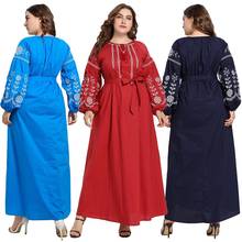 Mujeres Musulmanas bordado Abaya Puff manga Maxi vestido túnica Casual árabe Dubai o-cuello islámico ropa vestido 2019 otoño más tamaño 2024 - compra barato
