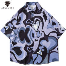 Aolamegs-camisa con estampado de corazón para hombre, Tops de manga corta de gran tamaño, informal, Harajuku, moda urbana 2024 - compra barato