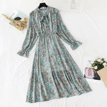 Women Elegant Long Dress 2020 Floral Print Bow Lotus leaf collar Lady Office Dress Vintage Long Sleeve Chiffon Dress Vestidos 2024 - buy cheap