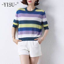 YISU-suéter informal de manga corta para mujer, camiseta fina con cuello redondo, costura a rayas, de punto 2024 - compra barato