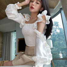 Camisa feminina sem alças com pescoço quadrado, camisa plissada com folha de lótus, moda de primavera e outono 2024 - compre barato