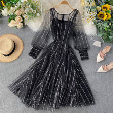 Women Puff Lantern Sleeve Pleated Mesh Gauze Tulle Ruffles Dress New Elastic Bling Sequined Lace Flower Bandage Strap Midi Dress 2024 - buy cheap