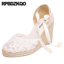Zapatos de tacón alto con cuña de encaje para mujer, calzado de verano con correa cruzada, punta redonda, color blanco, 2019 2024 - compra barato
