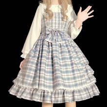 Vestido Kawaii japonés de Lolita para niñas, a cuadros, princesa Lolita, con tirantes, bonito lazo, Vintage, sin mangas, con volantes 2024 - compra barato