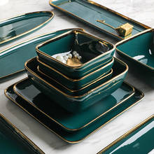 Зеленые квадратные фарфоровые тарелки, блюдо, роскошная керамическая тарелка с золотой инкрустацией для торта, миска, столовая посуда, столовый набор, блюдо для ресторана 2024 - купить недорого