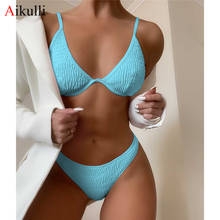 Bikini Sexy con aros para mujer, traje de baño liso fruncido, conjunto de Bikini con tirantes, ropa de playa con Push-Up, traje de baño 2024 - compra barato