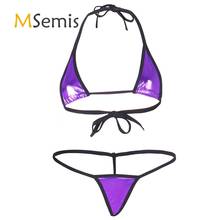 2PCS Womens Lingerie Bikini Swimsuits Patent Leather Swimwear Halter Bikini Top with G-string Thong Bottoms Sexy Underwear Set 2024 - buy cheap