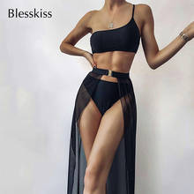 BLESSKISS 3 предмета Комплект бикини 2021 Для женщин Плавание костюм платье на одно плечо с высоким голенищем Плавание одежда с Прозрачная Юбка ванный комплект Плавание 2024 - купить недорого