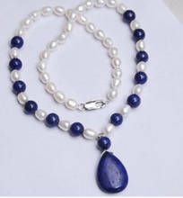 +++817  Natural 7-8MM White Akoya Pearl & Lapis Lazuli Pendant Necklace 18" 2024 - buy cheap