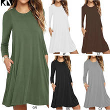 Women Autumn Long Sleeve Round Neck Plain T-Shirt Dress Solid Color Pleated Swing Casual Loose Pullover Streetwear with Pockets 2024 - buy cheap