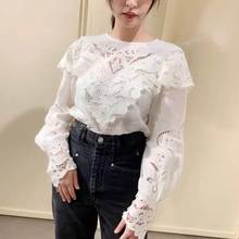 [ElfStyle] O Neck Long Sleeve Linen Lace Patchwork Crochet Hollow Out Blouse Top 2024 - buy cheap