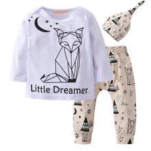 Conjunto de roupas infantis com 3 peças, camiseta de manga longa de raposa com desenho, boné de algodão, calças e chapéu para meninas 2024 - compre barato
