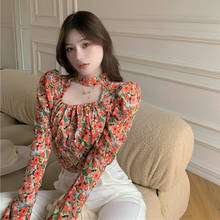 Женская блузка с цветочным принтом, эластичная блузка во французском стиле с рукавами-фонариками и рюшами, топы для отпуска в богемном стиле, весна 2021 2024 - купить недорого