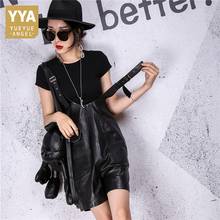 High Quality Women Real Sheepskin Straps Bib Shorts Streetwear Overalls Female Casual Loose Fit Genuine Leather Shorts Rompers 2024 - buy cheap