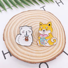 Cartoon Animal Drink Milk Tea Enamel Pins Cute Shiba Inu Dog Puppy Cat Brooches  Bag Button Badge Jewelry Gift for Kids Friends 2024 - buy cheap