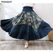 TIYIHAILEY Free Shipping Fashion Long Maxi A-line Skirts Women Elastic Waist Spring And Summer Denim Jeans Vintage Flower Print 2024 - buy cheap