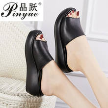 Women Slipper's 2020 Ladies Summer Slippers Shoes Women Wedges Heels Fashion Summer Genuine Leather Shoes Platform 2024 - buy cheap