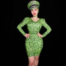 Sexy Green Leopard Printed Shining Rhinestones Dress Women Evening Party Show Bodycon V Neck Mini Dress Nightclub Dance Outfit 2024 - buy cheap