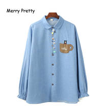 Merry Pretty Plus Velvet Women's Cartoon Embroidery Warm Tops And Blouses 2020 Winter Long Sleeve Turndown Collar Casual Blouse 2024 - buy cheap