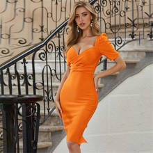 Celebrity Bandage Dress 2020 Autumn New Square Neckline Orange Bandage Dress Knee Length High Quality Rayon Woman Bodycon Dress 2024 - buy cheap
