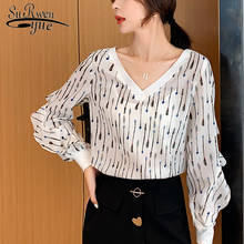 2021 New White Pullover Printing Blouse Women Casual Ruffles Long Sleeve Women Blouse Shirt Chiffon V-neck Blusas Mujer 6548 50 2024 - buy cheap