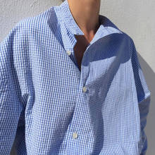 LONG Sleeves Boyfriend Style Oversize TOPS Classic Blue Plaid Cotton Women Blouse Asymmetric Shirt Stand Collar Diagonal Collar 2024 - buy cheap