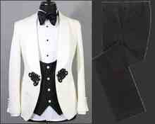 Pattern Groomsmen Ivory and Black Groom Tuxedos Shawl Lapel Men Suits Wedding Best Man ( Jacket+Pants+Bow Tie+Vest ) C658 2024 - buy cheap