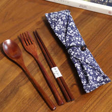 Caixa de utensílios de mesa portátil de madeira com colher, garfo, hashi, presente de viagem, conjunto de talheres com bolsa de pano 2024 - compre barato