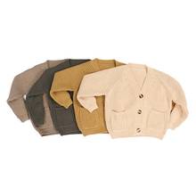 Cardigã infantil feminino com decote em v, casaco de manga comprida com bolsos reguláveis, romper para outono e inverno 2024 - compre barato